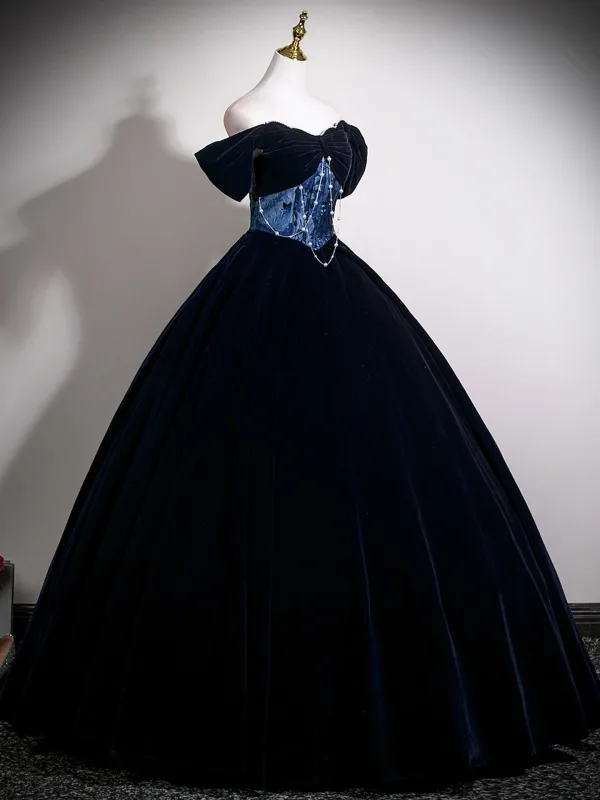 Vintage / Retro Navy Blue Pearl Prom Dresses 2025 Ball Gown Off-The-Shoulder Short Sleeve Backless Floor-Length / Long Prom Formal Dresses