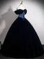 Vintage / Retro Navy Blue Pearl Prom Dresses 2025 Ball Gown Off-The-Shoulder Short Sleeve Backless Floor-Length / Long Prom Formal Dresses