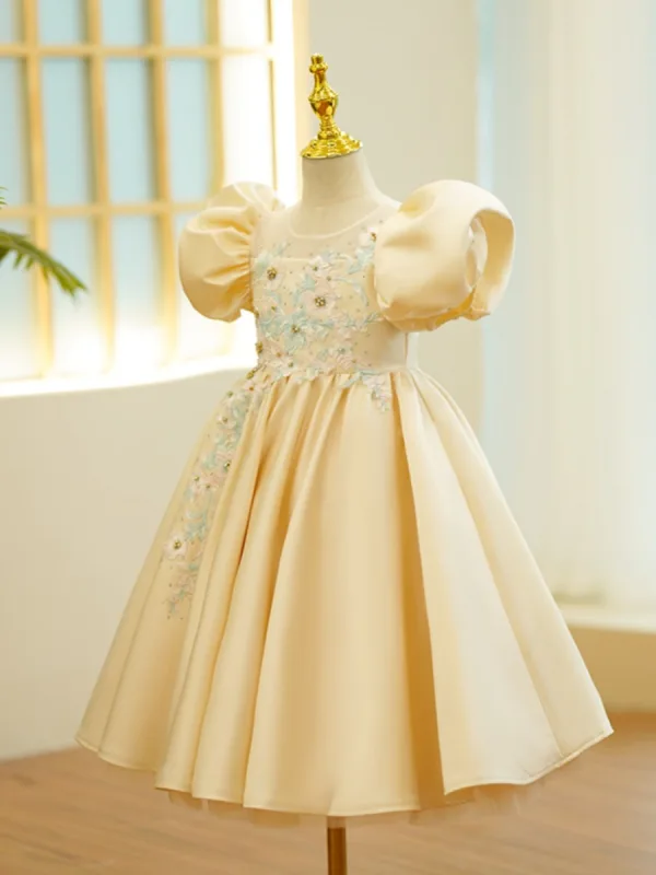 Chic / Beautiful Champagne Rhinestone Lace Flower Birthday Flower Girl Dresses 2024 Scoop Neck Puffy Short Sleeve Short