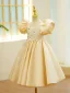 Chic / Beautiful Champagne Rhinestone Lace Flower Birthday Flower Girl Dresses 2024 Scoop Neck Puffy Short Sleeve Short