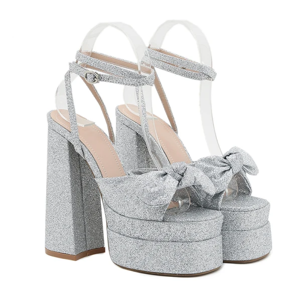 Charmant Fuchsie Pailletten Schleife Abend Sandalen Damen 2023 Knöchelriemen 14 cm Thick Heels Peeptoes Sandaletten Hochhackige