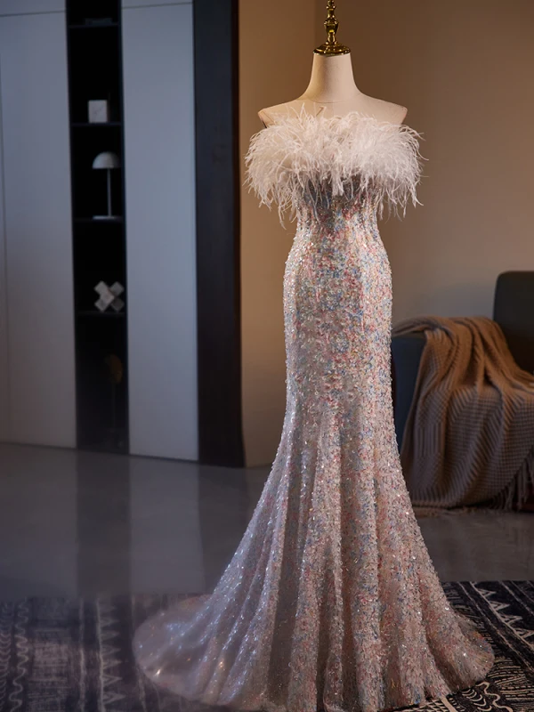 Haut de Gamme Charmant Champagne Impression Robe De Bal 2024 Trompette / Sirène Bustier Gland Sans Manches Dos Nu Train De Balayage Promo Robe De Ceremonie