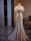Haut de Gamme Charmant Champagne Impression Robe De Bal 2024 Trompette / Sirène Bustier Gland Sans Manches Dos Nu Train De Balayage Promo Robe De Ceremonie