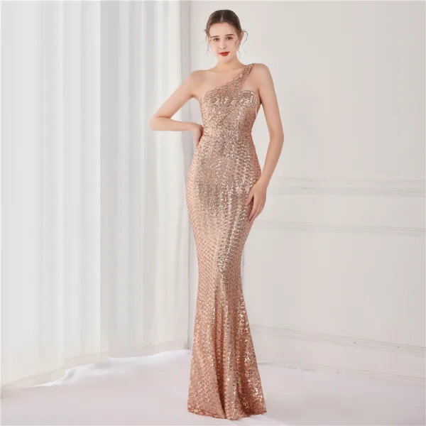 Sparkly Beige Sequins Evening Dresses 2022 A-Line / Princess One-Shoulder Sleeveless Backless Floor-Length / Long Evening Party Formal Dresses