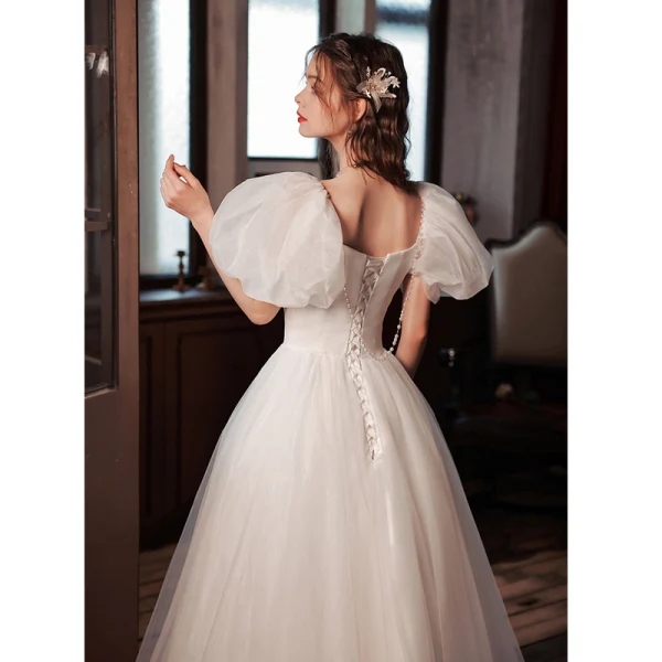 Illusion White Prom Dresses 2022 A-Line / Princess Square Neckline Bow Puffy Short Sleeve Backless Floor-Length / Long Prom Formal Dresses