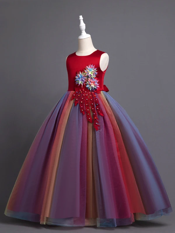 Chic / Beautiful Burgundy Appliques Pearl Lace Flower Birthday Flower Girl Dresses 2024 Ball Gown Scoop Neck Sleeveless Bow Sash Floor-Length / Long