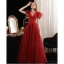 Charming Burgundy Beading Sequins Evening Dresses 2023 A-Line / Princess Scoop Neck Short Sleeve Backless Floor-Length / Long Evening Party Formal Dresses