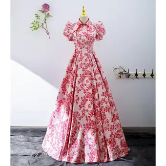 Élégant Rouge Floral Robe De Soirée 2022 Princesse Col Haut Gonflée Manches Courtes Dos Nu Longue Soirée Robe De Ceremonie