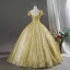 Bling Bling Doré En Dentelle Fleur Appliques Paillettes Robe De Bal 2026 Robe Boule Encolure Carrée Manches Courtes Dos Nu