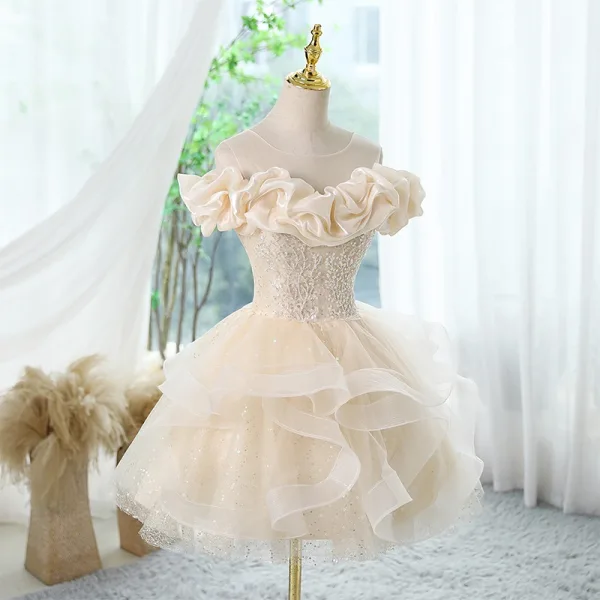 Chic / Beautiful Champagne Beading Sequins Cascading Ruffles Birthday Party Dresses 2024 Ball Gown Off-The-Shoulder Short Sleeve Backless Short Formal Dresses