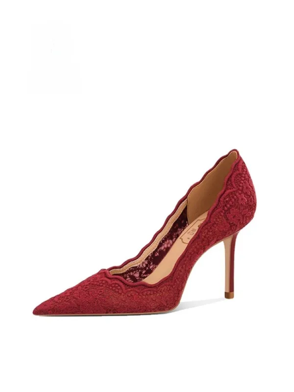 Elegant Red Lace Flower Wedding Shoes 2026 Leather 8 cm Stiletto Heels Pointed Toe Wedding Pumps