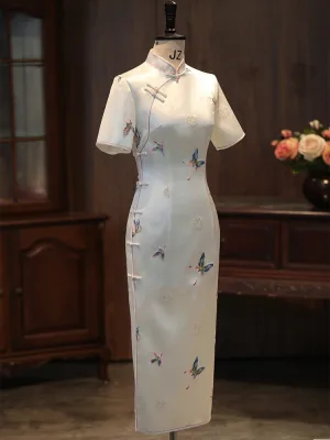 Chinese Style White Embroidered Butterfly Tea Length Cheongsam 2026 Trumpet Mermaid High Neck Short Sleeve