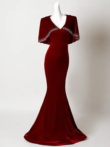Chic Belle Bordeaux Velours Paillettes Robe De Bal 2026 Fermeture Éclair Train De Balayage V Cou Robe De Ceremonie Promo Manches Courtes Trompette Sirène