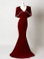 Chic / Beautiful Burgundy Velvet Sequins Prom Dresses 2026 Zipper Up Sweep Train V-Neck Formal Dresses Prom Short Sleeve Trumpet / Mermaid