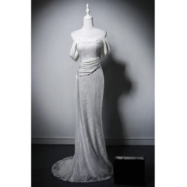 Sexy White Pearl Lace Flower Wedding Dresses 2025 Trumpet / Mermaid Off-The-Shoulder Short Sleeve Backless Sweep Train Wedding