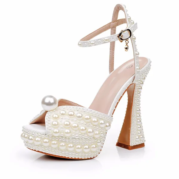 Chic / Beautiful White Pearl Wedding Shoes 2024 Ankle Strap 13 cm Thick Heels Open / Peep Toe Wedding Shoes High Heels
