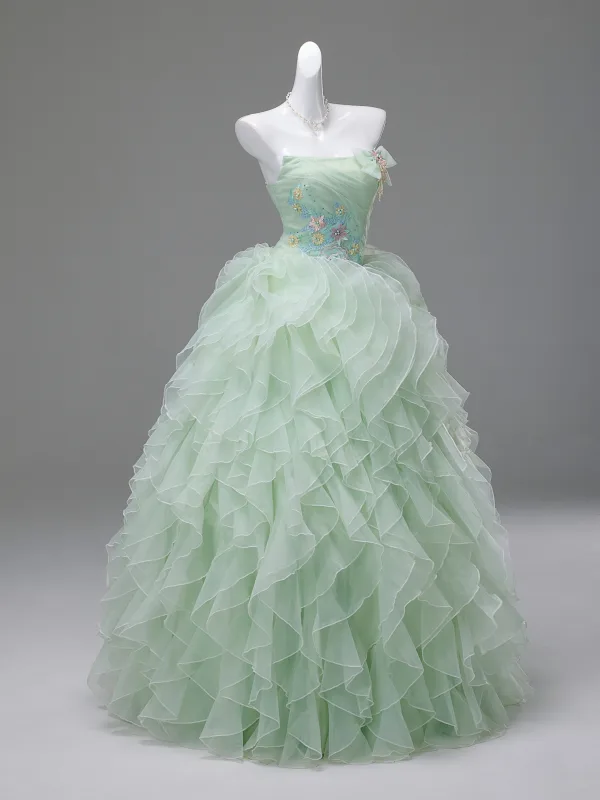 Onírico Verde Salvia Perla Lentejuelas Con Encaje Flor Volantes En Cascada Vestidos de gala 2026 Ball Gown Sin Tirantes Sin Mangas Sin Espalda