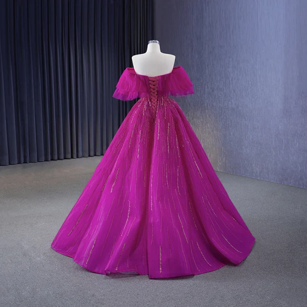 Fashion Fuchsia Beading Prom Dresses 2023 Ball Gown Off-The-Shoulder Short Sleeve Backless Floor-Length / Long Prom Formal Dresses