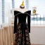 Chic / Belle Noire Velour Robe De Soirée 2023 Princesse Perle De l'épaule Paillettes Manches Longues Dos Nu Noeud Ceinture Longue Soirée Robe De Ceremonie