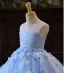 Chic / Beautiful Sky Blue Pearl Appliques Birthday Flower Girl Dresses 2025 Ball Gown Scoop Neck Sleeveless Backless Floor-Length / Long