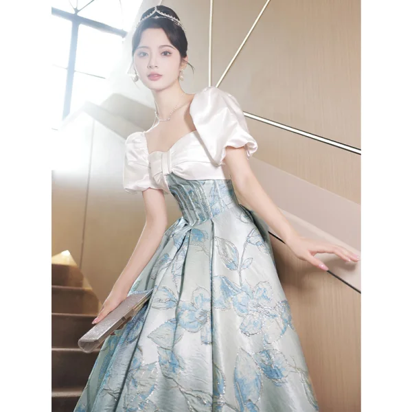 Chic / Beautiful Sky Blue Prom Dresses 2023 A-Line / Princess Square Neckline Short Sleeve Backless Floor-Length / Long Prom Formal Dresses
