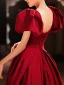Chic / Beautiful Burgundy Satin Prom Dresses 2022 A-Line / Princess Square Neckline Puffy Short Sleeve Backless Floor-Length / Long Formal Dresses