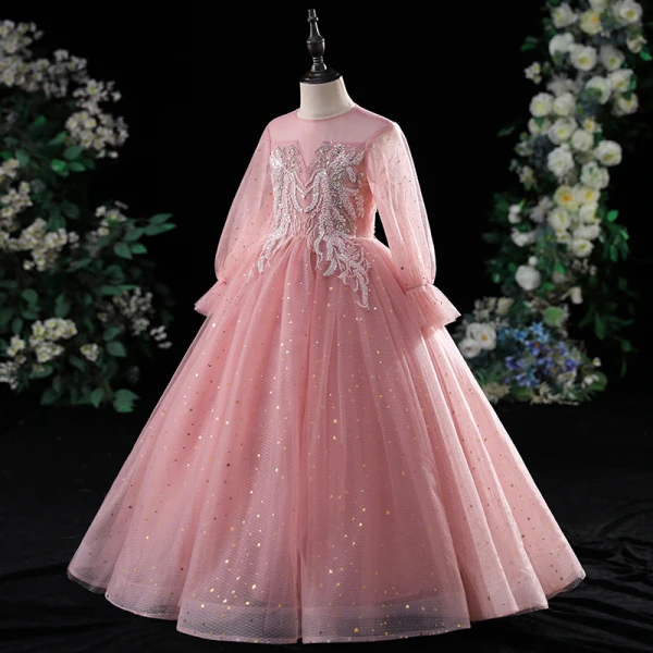 Chic / Beautiful Candy Pink Evening Party Flower Girl Dresses 2022 Ball Gown Scoop Neck Beading Pearl Lace Flower Sequins Long Sleeve Floor-Length / Long Flower Girl Dresses