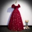 Chic / Beautiful Burgundy Sequins Prom Dresses 2023 A-Line / Princess Square Neckline Puffy Short Sleeve Backless Floor-Length / Long Prom Formal Dresses
