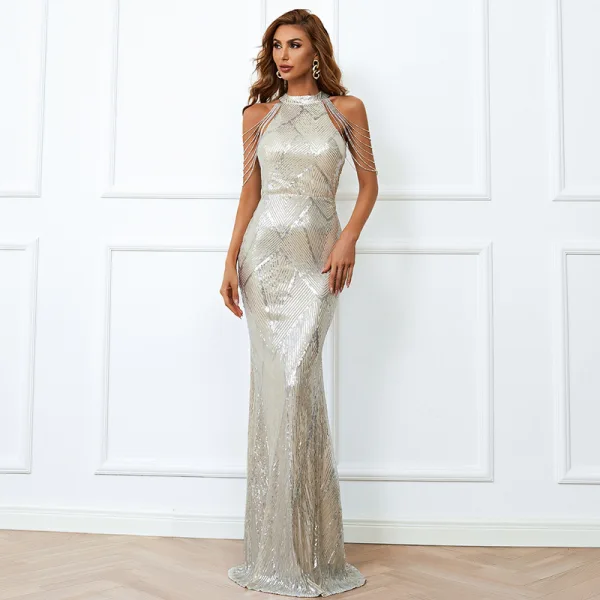 Charming Black Evening Dresses 2022 Trumpet / Mermaid High Neck Sleeveless Beading Sequins Floor-Length / Long Evening Party Formal Dresses