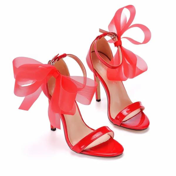 Sexy Rouge Soirée Été Sandales Femme 2023 Bride Cheville Noeud 11 cm Talons Aiguilles Peep Toes / Bout Ouvert Sandales Talons Hauts