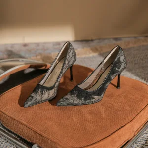 Snygga Fina Svarta Spets Rhinestone Afton Läder Pumps 2022 8 Cm Stilettklackar Spetsiga Pumps Högklackade