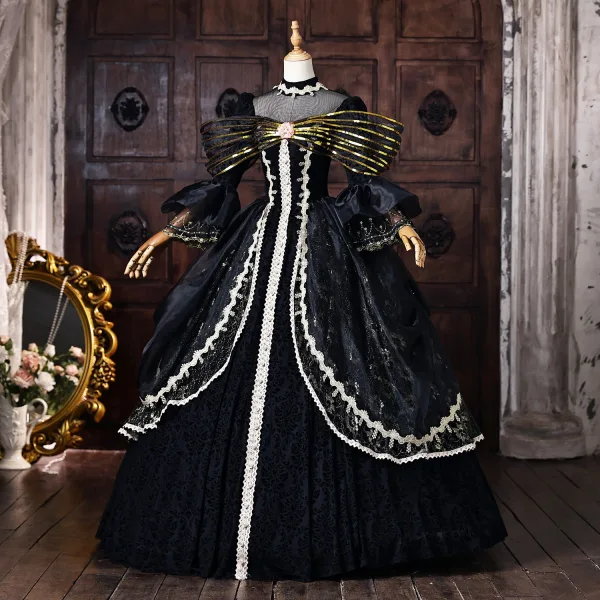 Vintage / Originale Médiévale Noire Paillettes En Dentelle Fleur Robe De Bal 2026 Robe Boule Col Haut Manches de cloche Dos Nu Longue Robe De Ceremonie