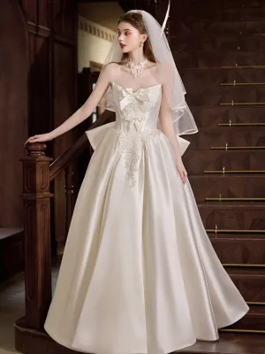 Élégant Blanche En Dentelle Fleur Satin Robe De Mariée 2025 Princesse Bustier Sans Manches Dos Nu Noeud Longue
