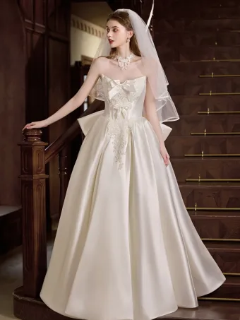 Élégant Blanche En Dentelle Fleur Satin Robe De Mariée 2025 Princesse Bustier Sans Manches Dos Nu Noeud Longue