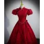 Elegant Burgundy Prom Dresses 2022 Ball Gown High Neck Pearl Lace Flower Short Sleeve Backless Floor-Length / Long Formal Dresses