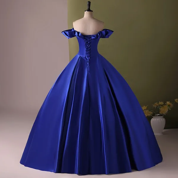 Vintage / Retro Royal Blue Satin Prom Dresses 2024 Ball Gown Off-The-Shoulder Sleeveless Backless Floor-Length / Long Prom Formal Dresses