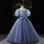 Élégant Bleu Ciel Noeud Ceinture Anniversaire Robe Ceremonie Fille 2022 Robe Boule Encolure Dégagée Gonflée Manches Courtes Longue Robe Ceremonie Fille