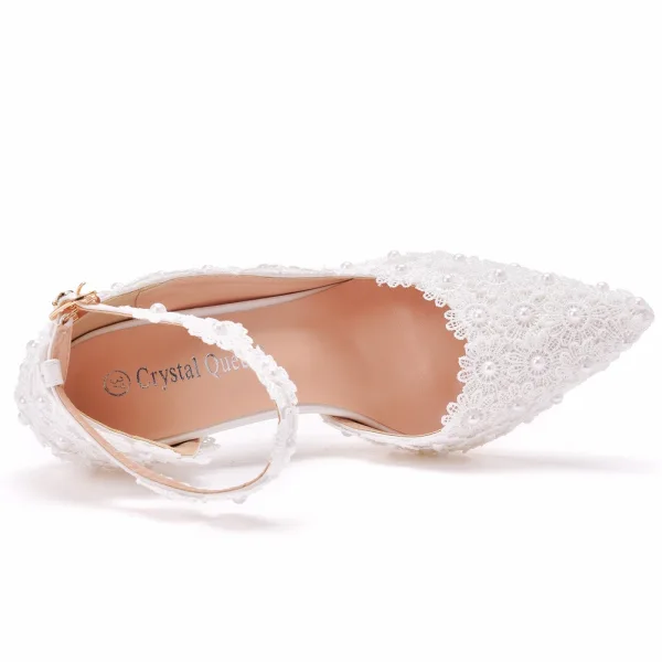 Elegant White Wedding Shoes 2022 Lace Flower Pearl Ankle Strap 8 cm Stiletto Heels Pointed Toe Wedding High Heels