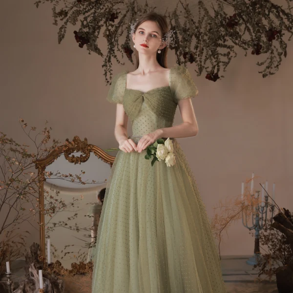 Modest Simple Clover Green Spotted Prom Dresses 2023 A-Line Princess Square Neckline Modest Simple Clover Green Spotted Prom Dresses 2023 A-Line Princess Square Neckline