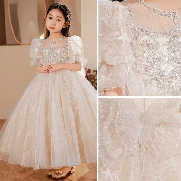 Charming Champagne Beading Sequins Birthday Flower Girl Dresses 2022 Ball Gown Scoop Neck Short Sleeve Backless Bow Floor-Length / Long Flower Girl Dresses