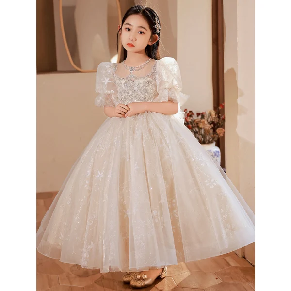 Charming Champagne Beading Sequins Birthday Flower Girl Dresses 2022 Ball Gown Scoop Neck Short Sleeve Backless Bow Floor-Length / Long Flower Girl Dresses