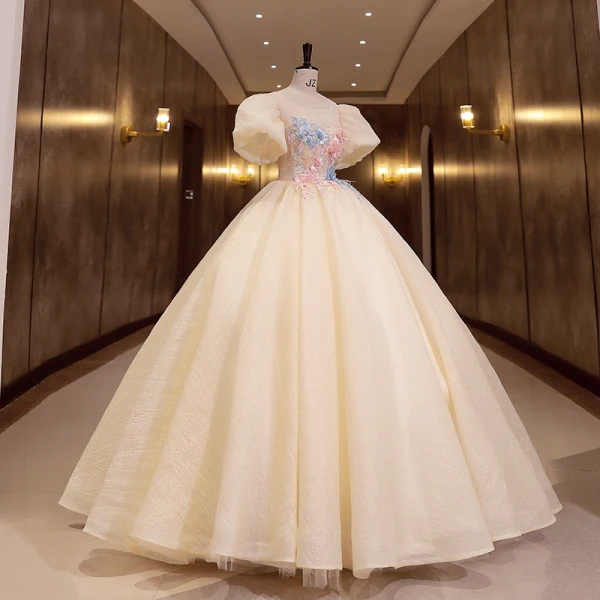 Elegant Champagne Pearl Lace Flower Prom Dresses 2022 Ball Gown Scoop Neck Puffy Short Sleeve Backless Floor-Length / Long Formal Dresses