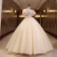 Elegant Champagne Pearl Lace Flower Prom Dresses 2022 Ball Gown Scoop Neck Puffy Short Sleeve Backless Floor-Length / Long Formal Dresses