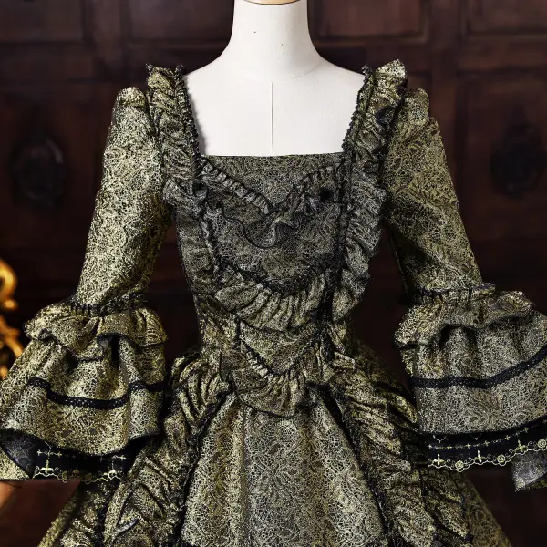 Vintage / Retro Medieval Dark Green Prom Dresses 2026 Ball Gown Square Neckline Bell sleeves Floor-Length / Long Formal Dresses