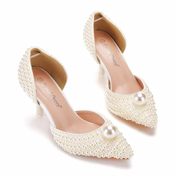 Eleganta Aprikos / Beige Pärla Brudskor 2023 Spetsiga 7 cm Stilettklackar Bröllop Sandaler Högklackade