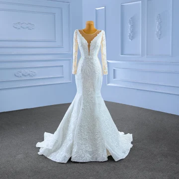 High End White Beading Sequins Lace Flower Wedding Dresses 2023 Trumpet Mermaid Scoop Neck Long Sleeve Sweep Train Wedding