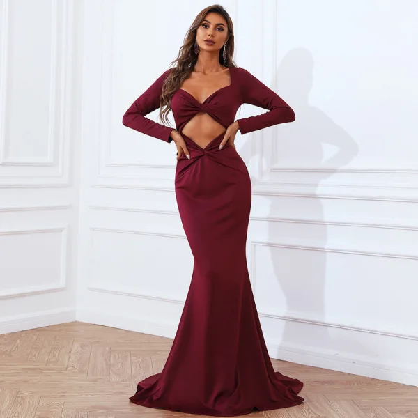Sexy Burgundy Evening Dresses 2022 Trumpet / Mermaid V-Neck Long Sleeve Sweep Train Evening Party Formal Dresses