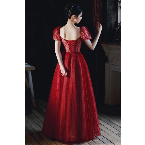 Charming Burgundy Beading Sequins Evening Dresses 2023 A-Line / Princess Square Neckline Short Sleeve Backless Floor-Length / Long Evening Party Formal Dresses