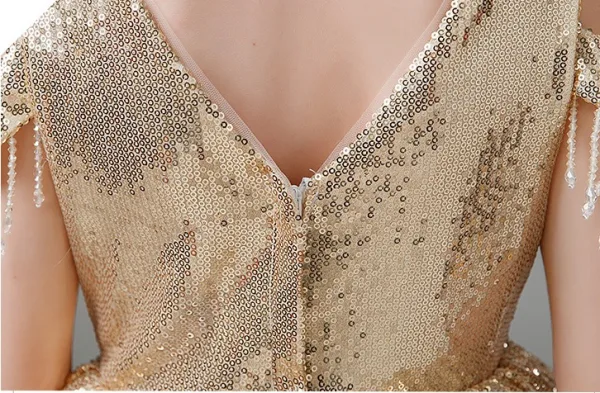 Glitzernden Gold Pailletten Geburtstag Lange Blumenmädchenkleider 2024 Ballkleid Rundhalsausschnitt Kurze Ärmel Rückenfreies