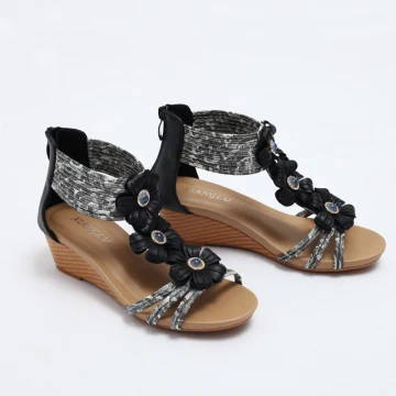 Roman Black Summer Street Wear Womens Sandals 2023 T Strap Flower Rhinestone 5 Cm Wedges Open Peep Toe Sandals